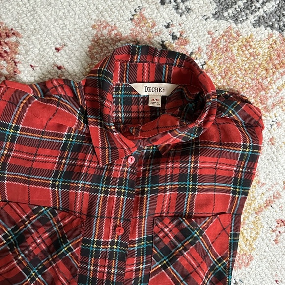 Y2K Decree Plaid Blouse Semi-Sheer Red Teal Yellow Button Front Women’s Medium - Picture 14 of 16